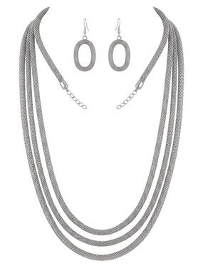 Silver Multi-Strand Mesh Necklace with Oval Earrings